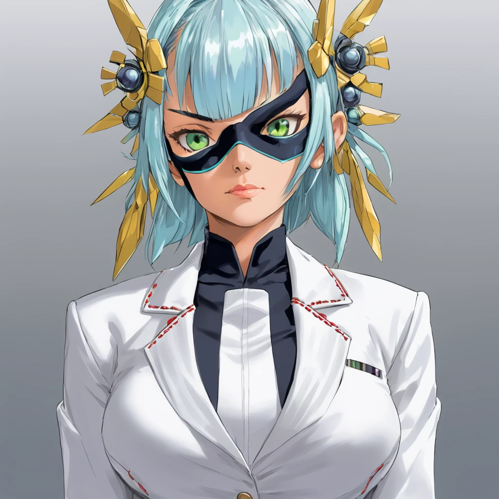 Mikumari \(Xenoblade\)masterpiece, Highest quality, ((1 person)),Blue Hair,Green Eyes,Serious expression, smile,Upper Body,Line art,Medium Hair,White blazer,Black T-shirt,Big Breasts,Bunhead,Black Mask, Expressionless eyes,((Kubo Obito Style)) Detailed face, Face Focus, Are standing, Black Hair,(hair ornaments:1.35),office lady, Sleeves edged with ribbon, Removable sleeves, Ribbon trim, Wide sleeves, (View your audience:1.5) Long Hair, iris, bangs, lips