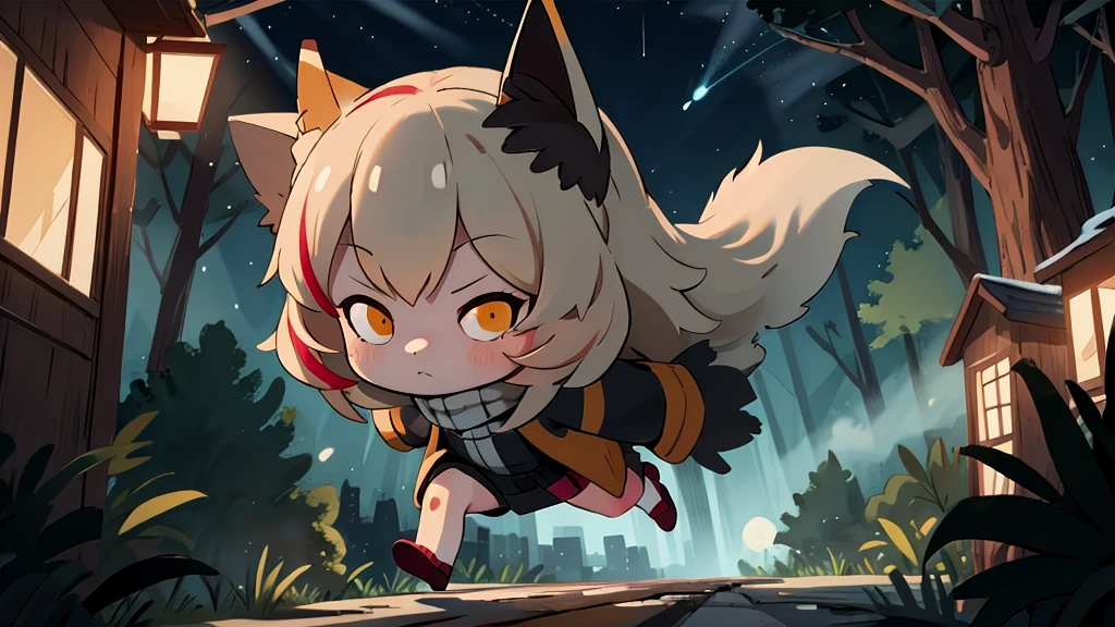 (high quality, best quality, 4k, 2k, (intricate:1.1), (high detail:1.3)), ((forest, village, night)), (official wallpaper, volumetric lighting, dynamic lighting),
1girl, solo, (fox girl, fox ears, fox tail), ((fluffy)), 
celestialskin, dark celestialskin body , void cosmic body, colored skin, flat color, jet black skin, silhouette, 
full body, running, 
