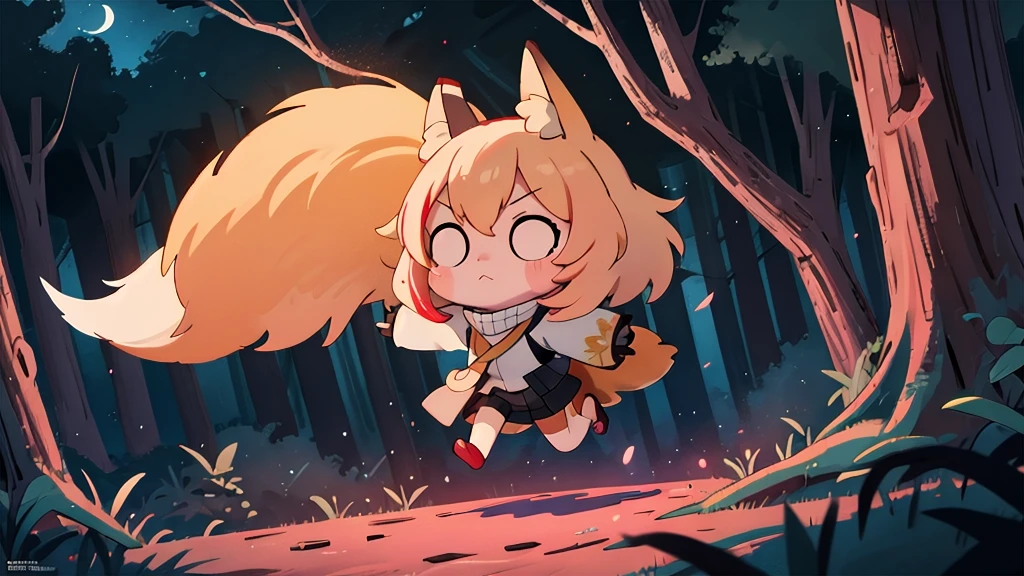 (high quality, best quality, 4k, 2k, (intricate:1.1), (high detail:1.3)), ((forest, village, night)), (official wallpaper, volumetric lighting, dynamic lighting),
1girl, solo, (fox girl, fox ears, fox tail), ((fluffy)), 
celestialskin, dark celestialskin body , void cosmic body, colored skin, flat color, jet black skin, silhouette, 
full body, running, 
