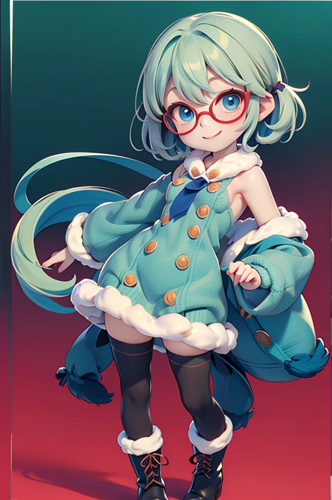 , smile, (Very small breasts), (Deep blue eyes), (Pale green hair, short hair, amount, Small pigtails), (Red half-rimmed glasses), Fluffy winter clothes, warm, fur, With ribbon, Knitted sweater in dress, Ribbon tie, Zettai-ryoiki, Colorful tights, fur boots, Whole Body Ezbian, masterpiece, super high quality。