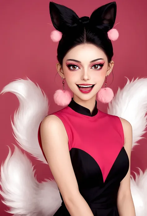 beautiful face，beautiful eyes，pink eyeshadow，laughing out loud，fangs，(((9 big, fluffy tails)))，black high bun，pink pompom earrin...