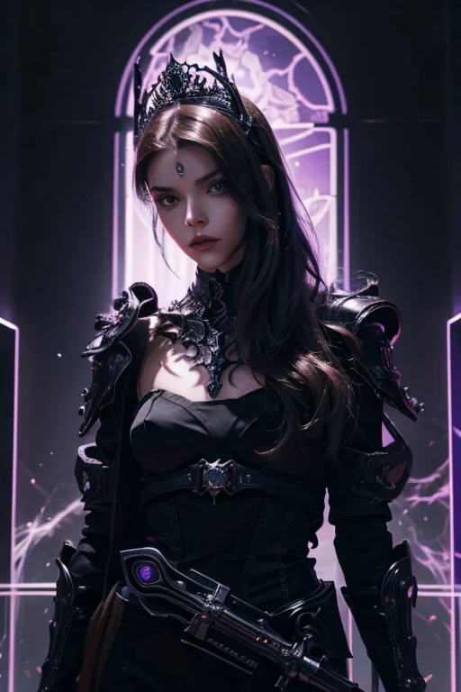 ( High quality , Ultra-detail, carefully with your hand )tarot card, chiaroscuro technique on sensual illustration of an queen of sword, a teenage fashion model wearing an exo-skeleton mask, vibrant colors, futuristic cyberpunk style, intricate details, cinematic lighting, dramatic pose, an elegant complex bio mechanical onyx and gold, intricate details, official art, unity 8k wallpaper, ultra detailed, beautiful and aesthetic, (in a room with black walls illuminated by violet neon lights :1.1)