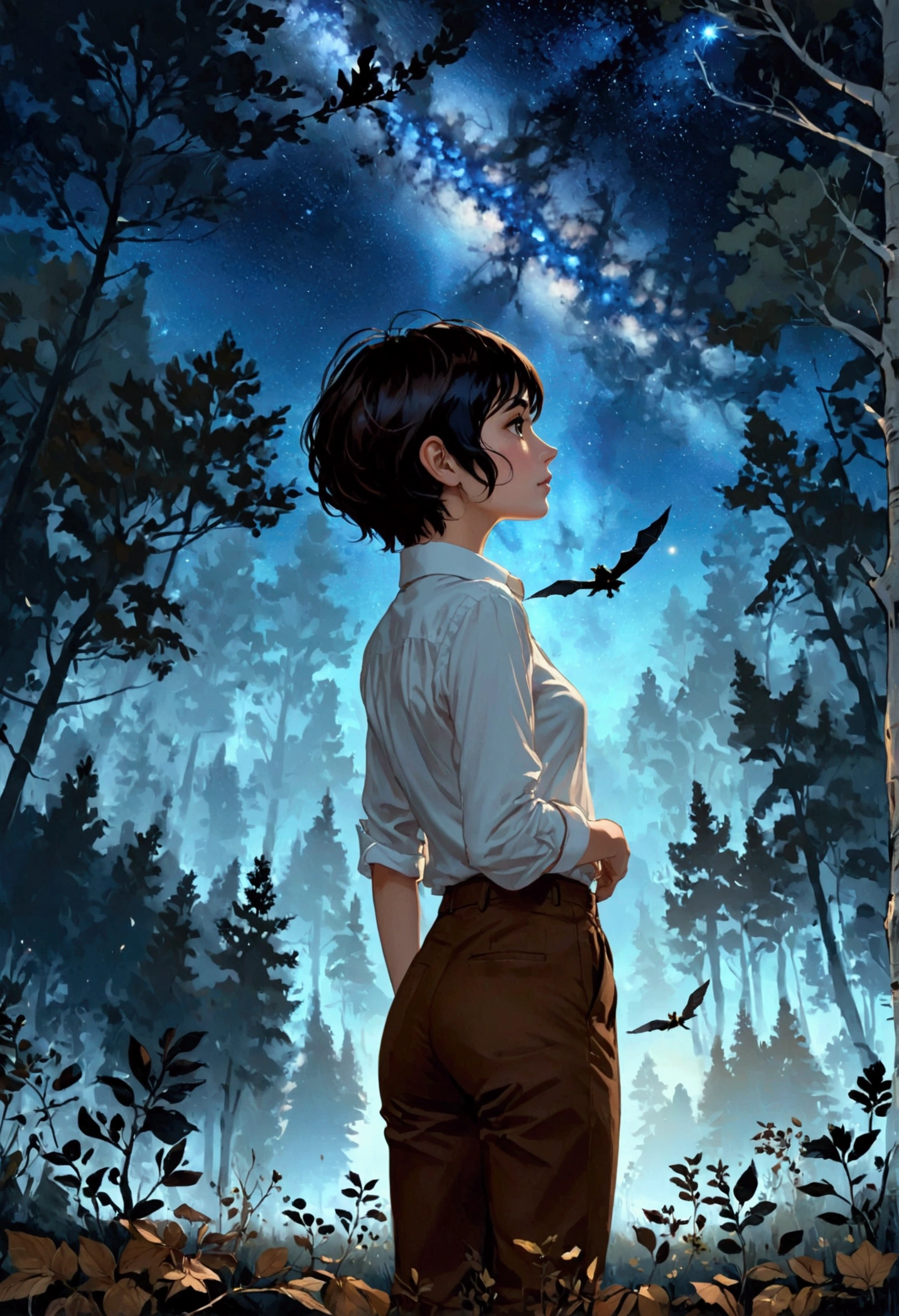 1 girl, (wearing white shirt and brown pants), (very short pixie hair style), (black hair), (rear view), (looking away from viewer), (((full body portrait))), (wearing brown shoes), (girl small in forground), (big sky above girl), (girl in forest looking toward the dark night sky), masterpiece, dark blue tones，illustration，dark blue-sky，light wind，Cross the sky from bottom to top，Bright stars, dark sky with stars, 