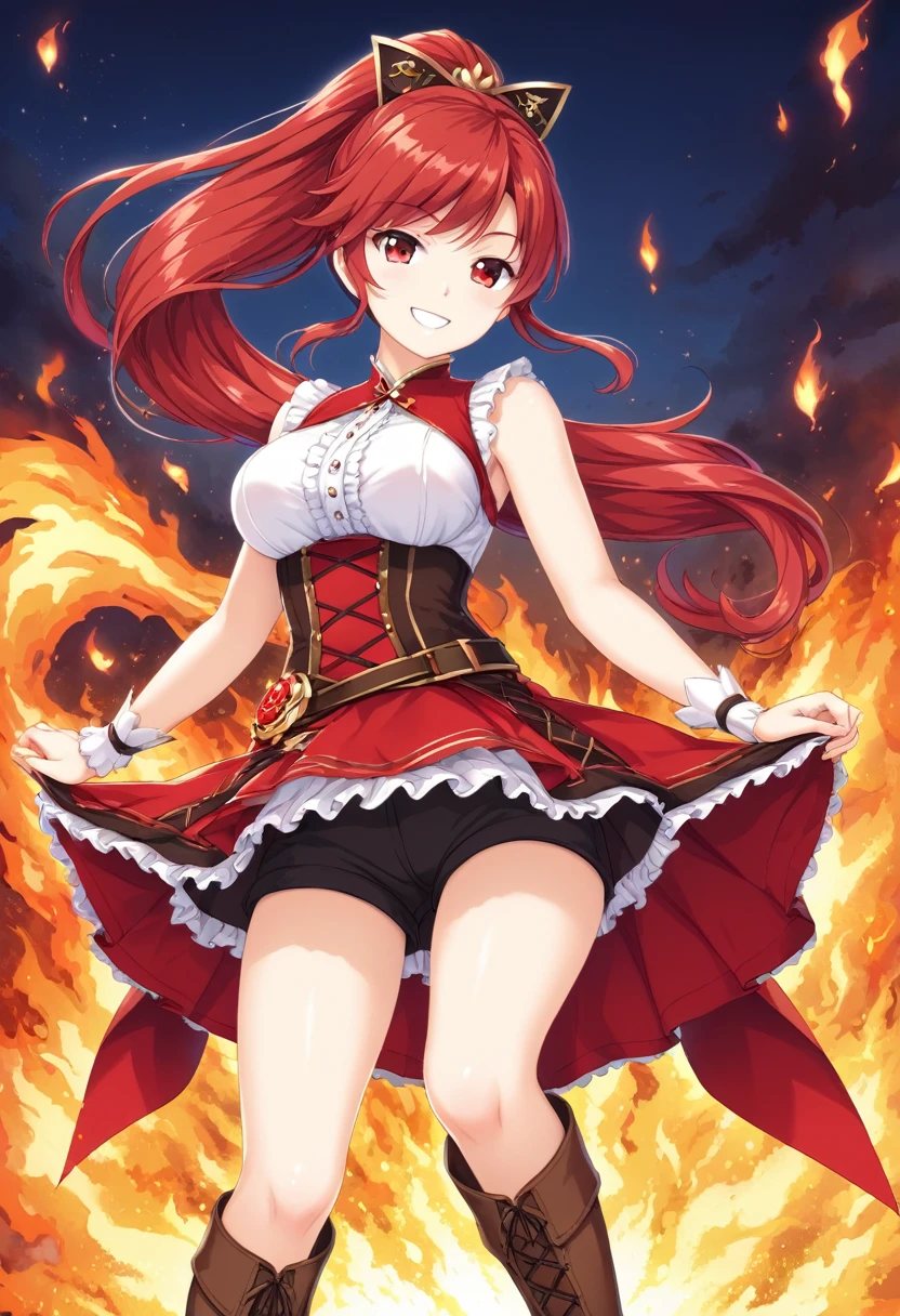 20 years old, long red hair, wears a ponytail, red eyes, always smiling. She dresses in an antique style, wearing a short brown skirt with black shorts underneath, ending above the knees. She wears knee-high brown boots. Her white blouse is sleeveless and features red details. She possesses fire powers and has a fire-themed background."