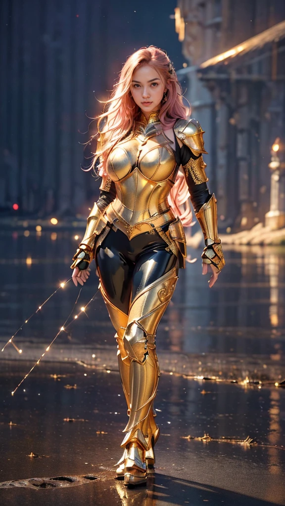 ((best quality)), ((masterpiece)), (ultra detailed lights), ((full body:1.2)), ((skinny body)), anya geraldine, extremely beautiful, ((slim body)), thighs gap, ultra face details, 20 years old, ((pink curvy-hair)), ((hair blown by strong winds :1.3)), Award-winning photograph, ((symmetrical pose)), ((full body golden black armor)), posing in the middle, intricate details, ((thight golden armour)), ((extremely details armor)), ((tight latex pants)), ((24k-gold armor)), ((edge luminous armor)), cameltoe, luminescent, epic lights reflections, she is posing, at beach, full of stars, orange clouds, nebula sky, epic aurora borealis in the background, shooting stars, ((from below))