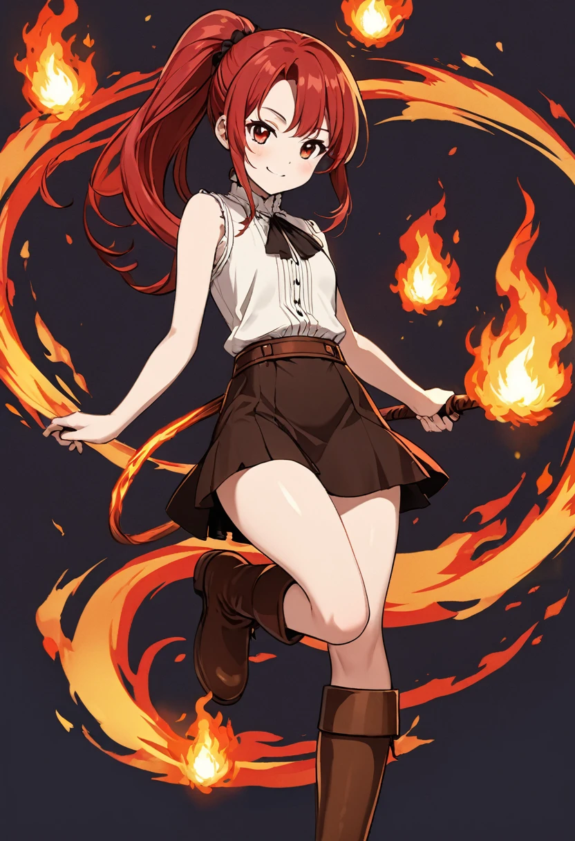 20 years old, long red hair, wears a ponytail, red eyes, always smiling. She dresses in an antique style, wearing a short brown skirt with black shorts underneath, ending above the knees. She wears knee-high brown boots. Her white blouse is sleeveless and features red details. She possesses fire powers and has a fire-themed background."