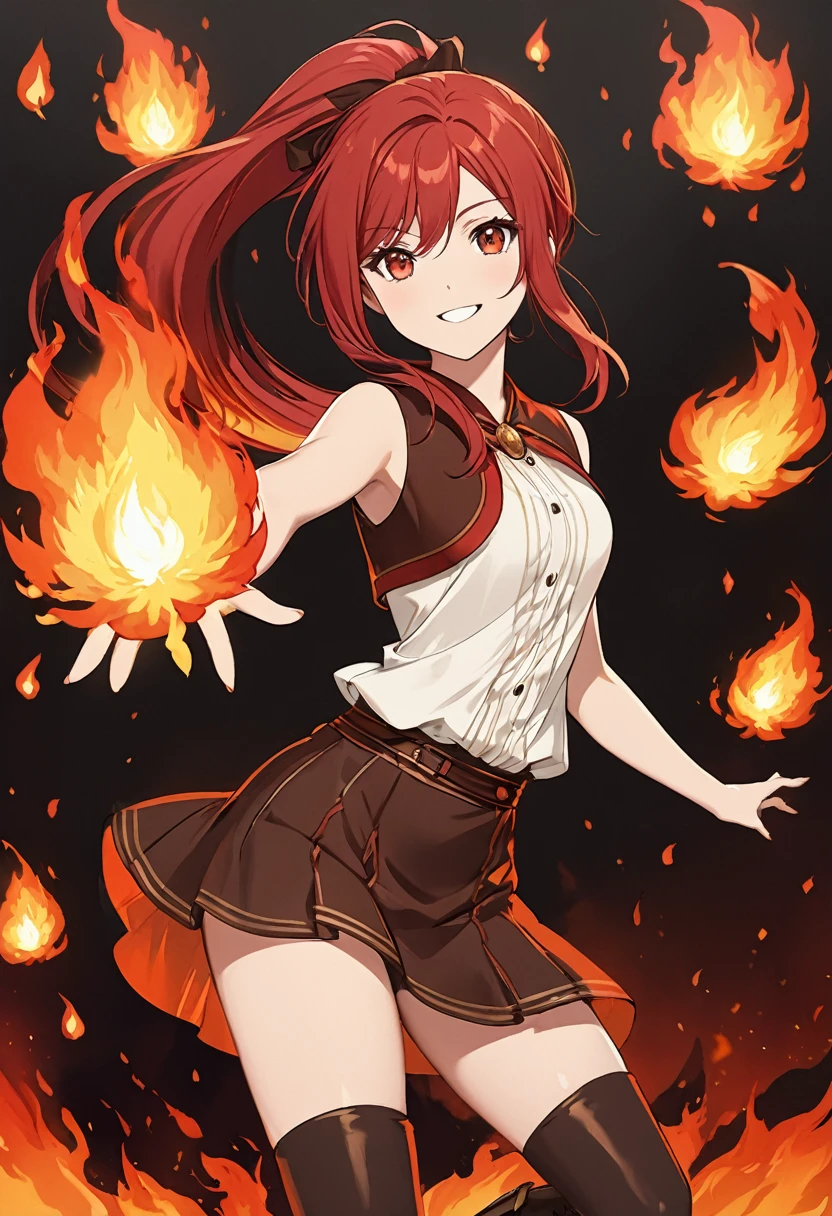 20 years old, long red hair, wears a ponytail, red eyes, always smiling. She dresses in an antique style, wearing a short brown skirt with black shorts underneath, ending above the knees. She wears knee-high brown boots. Her white blouse is sleeveless and features red details. She possesses fire powers and has a fire-themed background."