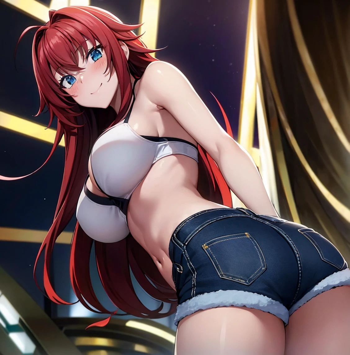 ((1girl)),((alone)),RiasGremory,(masterpiece), (best quality), (ultra detailed), (best illustration), (best shadow), (absurdities), sharp focus, cowboy shot, dynamic pose looking at viewer, big breasts, narrow waist, wide hips, medium thighs, round butt, dynamic posture, red hair, long hair, antenna hair, blue eyes, underwear, shorts, panties, breasts, open fly, ribbon, navel, big breasts, red camisole, cleavage, smile, bowknot panties, two sides up, abdomen, unbuttoned, black shorts, open shorts, denim, unbuttoned, smiling, playful look, seductive smile, closed mouth, seductive expression , (sexy pose: 1.2), ((solo)), standing: 1.3, outdoor, night, cityscape, city, streets, city lights, looking back, from behind, ((focus on ass), point of view: (from below), red blush, perfect anatomy, perfect hands