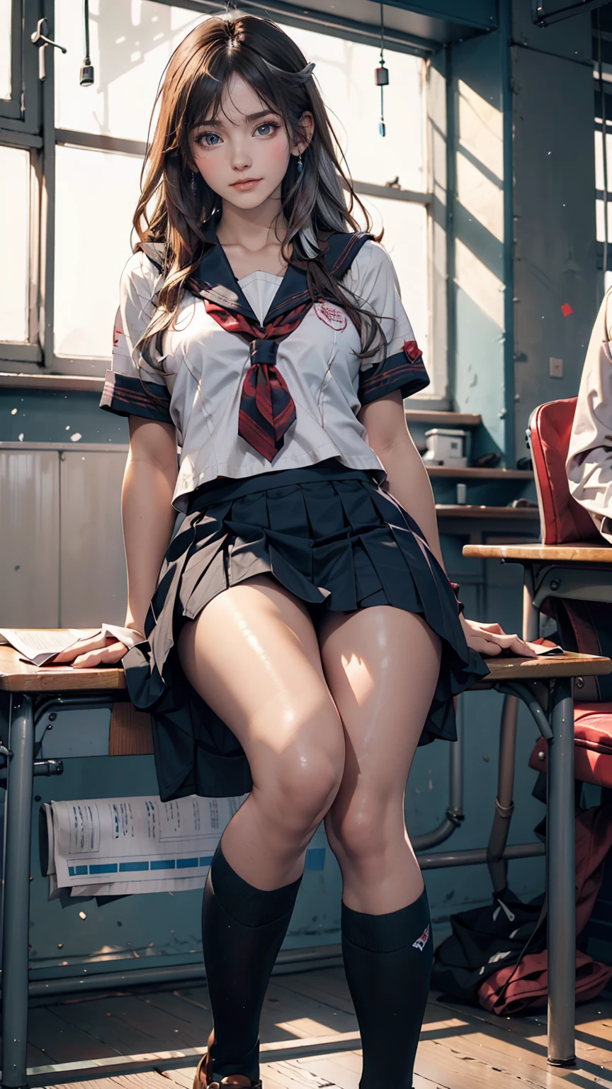 time々Arya next to me is whispering in Russian.、Russian women、high school girl、Sailor suit、mini skirt、Knee-high socks、Silver Hair、In the back of a Japanese high school classroom、Please sit down、smile