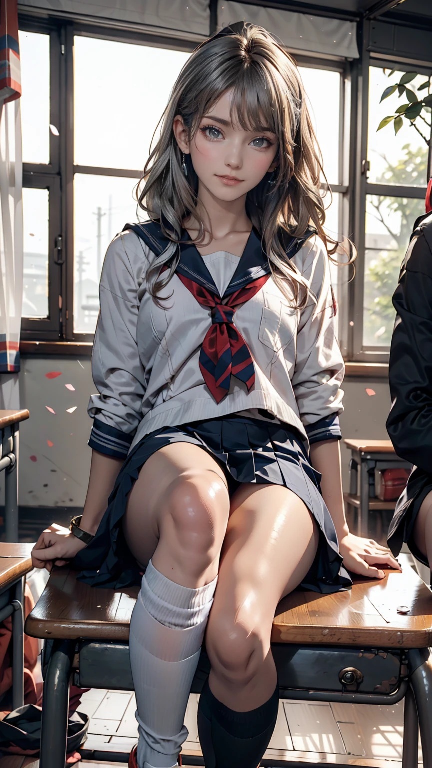 time々Arya next to me is whispering in Russian.、Russian women、high school girl、Sailor suit、mini skirt、Knee-high socks、Silver Hair、In the back of a Japanese high school classroom、Please sit down、smile