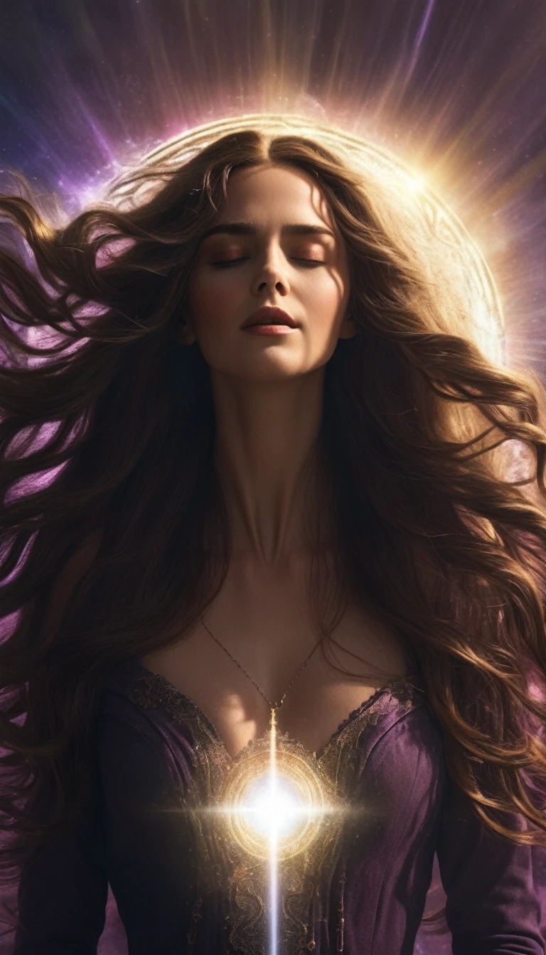 woman with wavy hair, eyes closed and a hole of light coming out of the middle of his forehead like a portal, I need this image with great details, as if she really existed, I want your face, hair and shoulders appear in the image, AVOID IMAGE ONLY OF THE BUST, I WANT TO SEE HER SHOULDERS AND ALL OF HER LONG HAIR