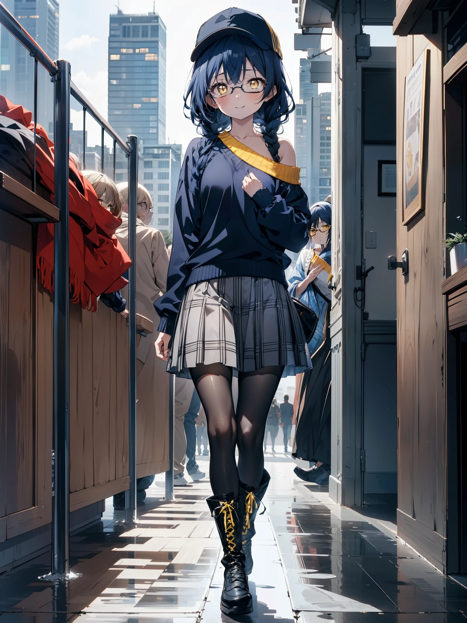 you like it, Umi Sonoda, Long Hair, Blue Hair, (Yellow Eyes:1.5) (Flat Chest:1.2),Blue one-shoulder sweater,Long skirt,Black pantyhose,short boots,Baseball hats,Black-rimmed glasses,Long braids,smile,Walking,morning,morning陽,The sun is rising,On the way to school,whole bodyがイラストに入るように,
break looking at viewer,whole body,
break outdoors, station,
break (masterpiece:1.2), Highest quality, High resolution, unity 8k wallpaper, (figure:0.8), (Beautiful attention to detail:1.6), Highly detailed face, Perfect lighting, Highly detailed CG, (Perfect hands, Perfect Anatomy),