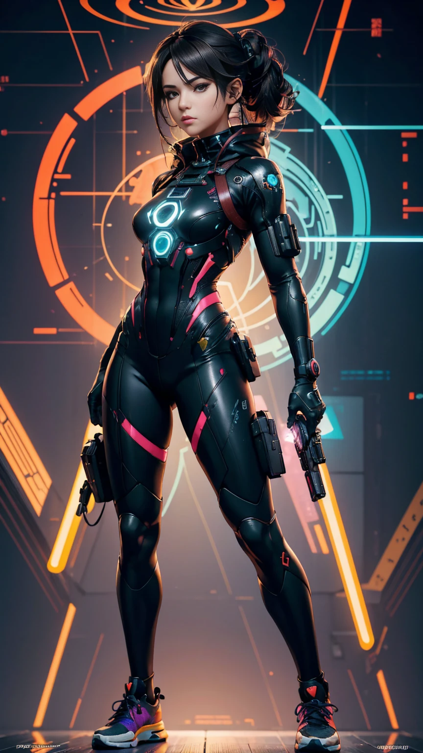 An ultra-realistic and ultra-detailed ((full body portrait)) Intricate Anime Manga Spy Goddess with dark hair, Sneakers, hearts, Standing And Aiming A Bulky Oversized Silenced Gun, Netrunner, Vigilante, Classy, Sassy, Fantastic Colorful Digital Topical Map 🗺️ Background, Futuristic Sexy Fashion Minimalistic Military Clothing, Augmented Reality, Futuristic Rainbow Glowing Presence Of Absolution And Fantastical Force, Sharp Camera Focus, Visual-Depth, Highly Detailed, (Highest Artistic Quality), Over 8k, Upscaled4x.