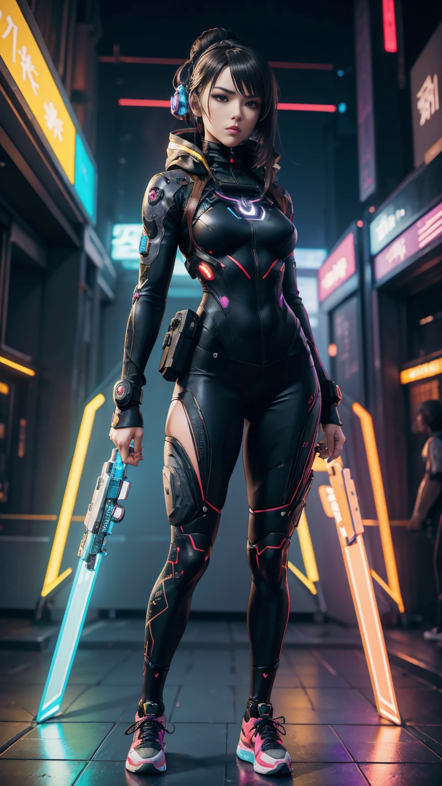 An ultra-realistic and ultra-detailed ((full body portrait)) Intricate Anime Manga Spy Goddess with dark hair, Sneakers, hearts, Standing And Aiming A Bulky Oversized Silenced Gun, Netrunner, Vigilante, Classy, Sassy, Fantastic Colorful Digital Topical Map 🗺️ Background, Futuristic Sexy Fashion Minimalistic Military Clothing, Augmented Reality, Futuristic Rainbow Glowing Presence Of Absolution And Fantastical Force, Sharp Camera Focus, Visual-Depth, Highly Detailed, (Highest Artistic Quality), Over 8k, Upscaled4x.