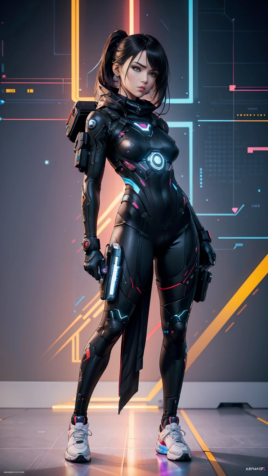 ((Full body photo, standing, feet on the floor)) An ultra-realistic and ultra-detailed ((full body portrait)) Intricate Anime Manga Spy Goddess with dark hair, Sneakers, hearts, Standing And Aiming A Bulky Oversized Silenced Gun, Netrunner, Vigilante, Classy, Sassy, Fantastic Colorful Digital Topical Map 🗺️ Background, Futuristic Sexy Fashion Minimalistic Military Clothing, Augmented Reality, Futuristic Rainbow Glowing Presence Of Absolution And Fantastical Force, Sharp Camera Focus, Visual-Depth, Highly Detailed, (Highest Artistic Quality), Over 8k, Upscaled4x.