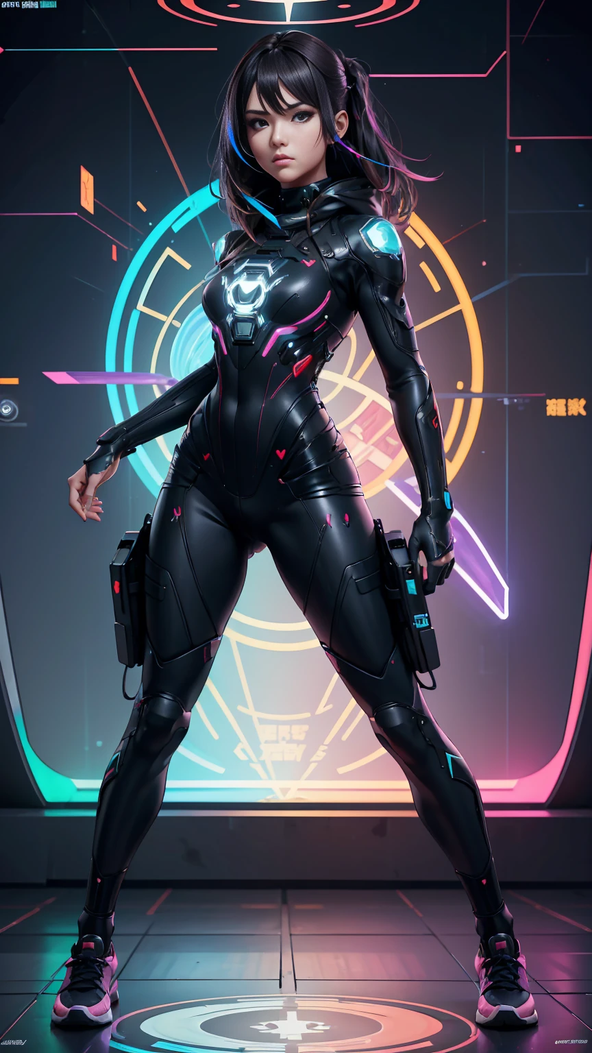 ((Full body photo, standing, feet on the floor)) An ultra-realistic and ultra-detailed ((full body portrait)) Intricate Anime Manga Spy Goddess with dark hair, Sneakers, hearts, Standing And Aiming A Bulky Oversized Silenced Gun, Netrunner, Vigilante, Classy, Sassy, Fantastic Colorful Digital Topical Map 🗺️ Background, Futuristic Sexy Fashion Minimalistic Military Clothing, Augmented Reality, Futuristic Rainbow Glowing Presence Of Absolution And Fantastical Force, Sharp Camera Focus, Visual-Depth, Highly Detailed, (Highest Artistic Quality), Over 8k, Upscaled4x.