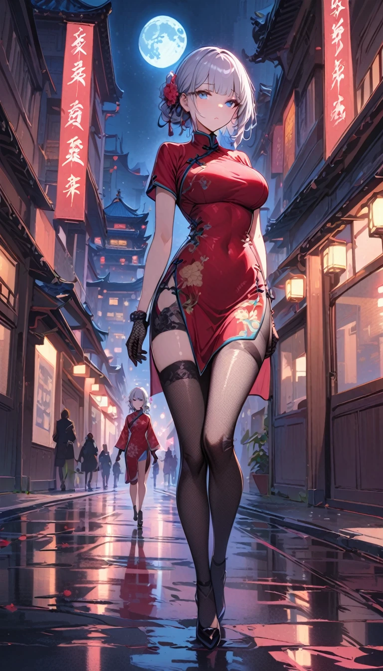 masterpiece, best, night, full moon, 1 young girl, walking, full body, rounded breasts, chinese architecture, cheongsam, china costume, royal sister, cold face, poker face, woman with long silver hair, pink lips clear, fishnet stockings, calm, intellectual, three bangs lace gloves, blue eyes, street view, facial details,