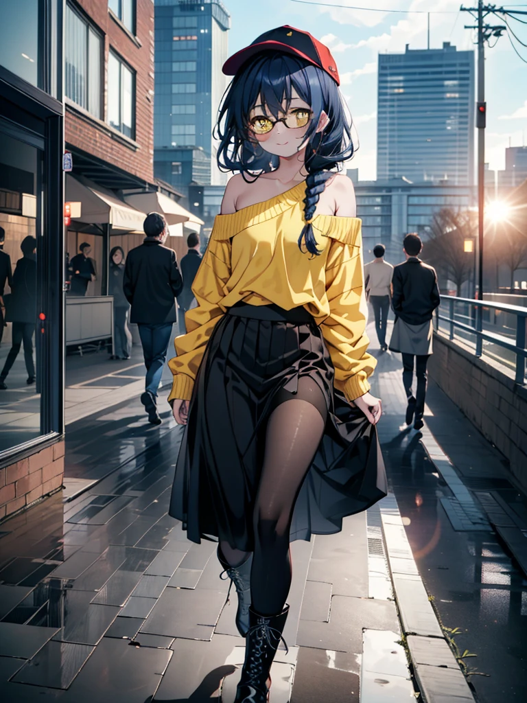 you like it, Umi Sonoda, Long Hair, Blue Hair, (Yellow Eyes:1.5) (Flat Chest:1.2),Blue one-shoulder sweater,Long skirt,Black pantyhose,short boots,Baseball hats,Black-rimmed glasses,Long braids,smile,Walking,morning,morning陽,The sun is rising,On the way to school,whole bodyがイラストに入るように,
break looking at viewer,whole body,
break outdoors, station,
break (masterpiece:1.2), Highest quality, High resolution, unity 8k wallpaper, (figure:0.8), (Beautiful attention to detail:1.6), Highly detailed face, Perfect lighting, Highly detailed CG, (Perfect hands, Perfect Anatomy),