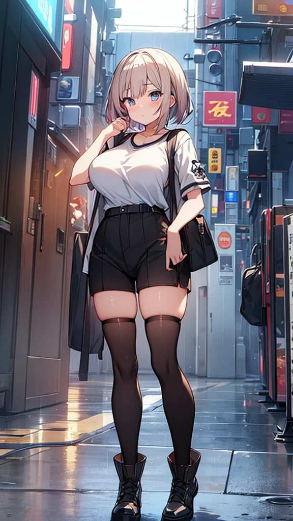 Full body image, front, One girl, 18-year-old, Mix 4, (32K, RAW Photos, Highest quality, masterpiece:1.2), (Anime-like, photoAnime-like:1.37), cute, カジュアルウェア, Short sleeve T-shirt,Shorts,Black knee socks, night, rain, Humidity, Professional Lighting, Photon Mapping, Radio City, Physically Based Rendering, Super Resolution, (Big Breasts:1.2), {{The biological weapon that had preyed on the younger sister took her place and reunited with the older brother, The rebellious little sister has become the obedient little sister}}, Girl Skull, whole body, NSFW