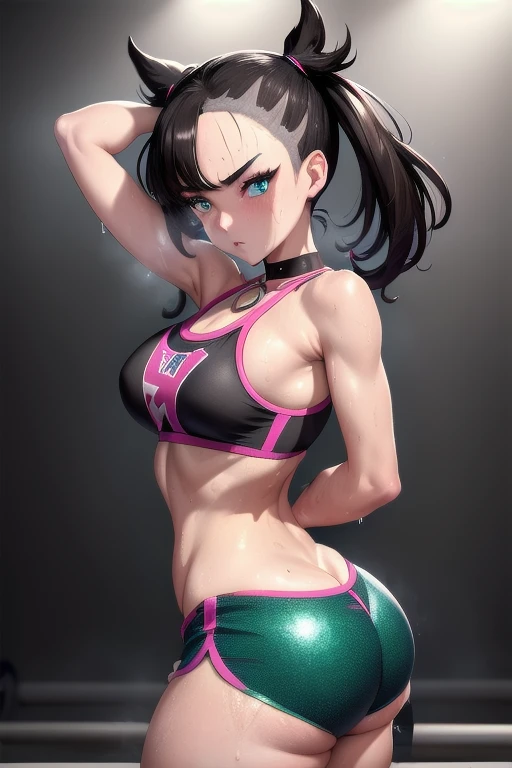 masterpiece, best quality, highres, hmmarnie, sparkling aqua eyes, choker, hair ribbon, model like looks, idol grace, sports bra, tight shorts, trunks, cowboy shot, standing, gazing at viewer, sweaty, sweat drip, gym setting, gymnasium, blush, huge breasts, gymnastics, round buttocks, bubbly ass