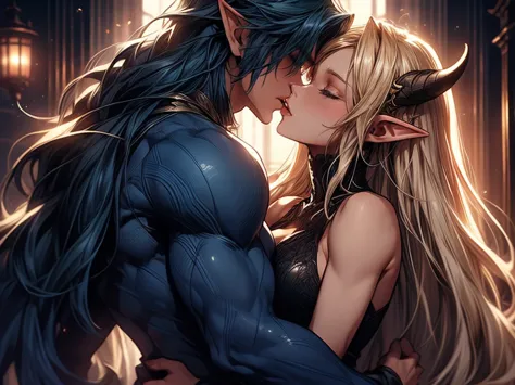 (female blonde elf and male dark blue haired elf) (male elf with big muscles and long dark blue hair) a tall long haired male el...