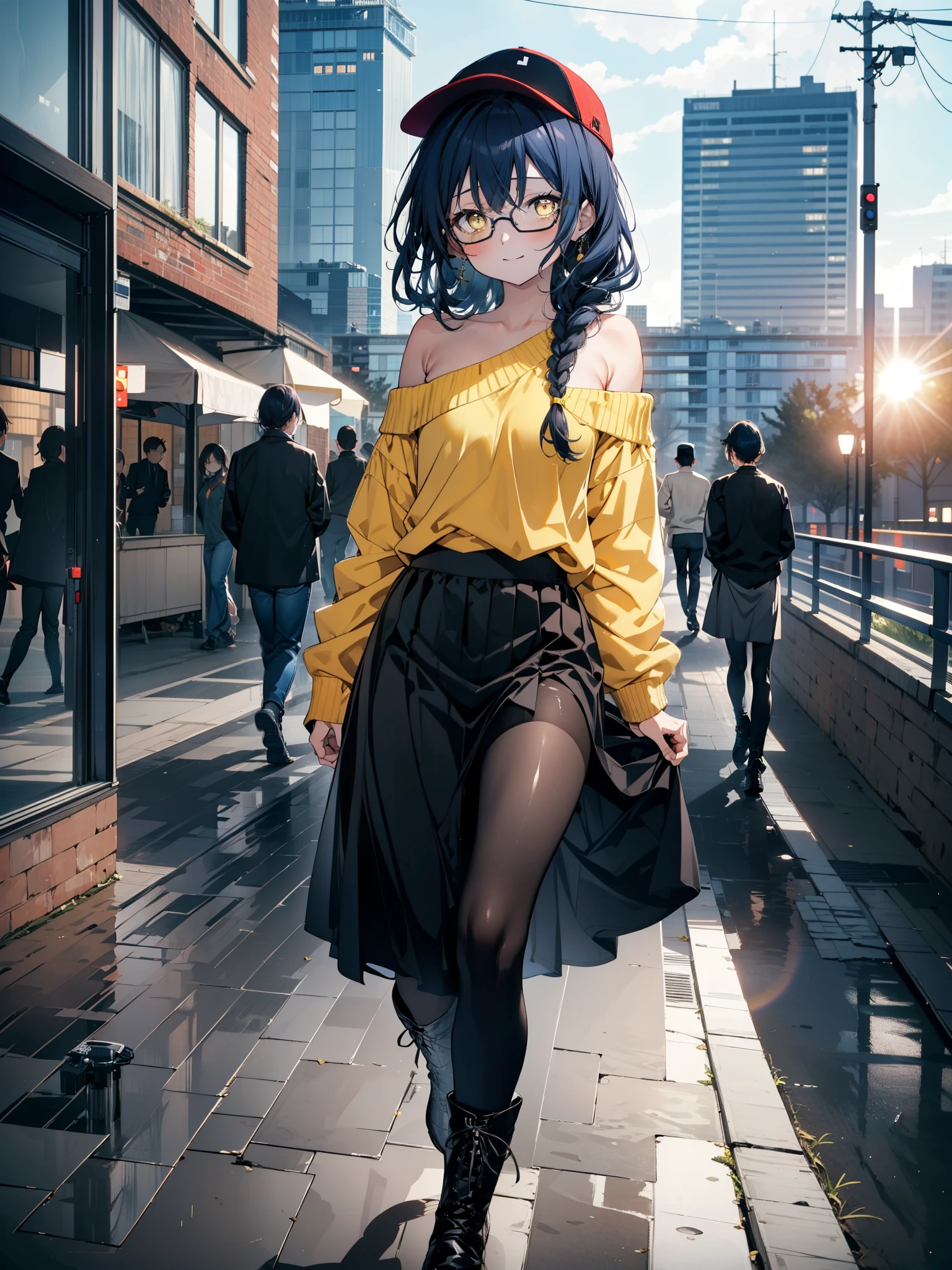 you like it, Umi Sonoda, Long Hair, Blue Hair, (Yellow Eyes:1.5) (Flat Chest:1.2),Blue one-shoulder sweater,Long skirt,Black pantyhose,short boots,Baseball hats,Black-rimmed glasses,Long braids,smile,Walking,morning,morning陽,The sun is rising,On the way to school,whole bodyがイラストに入るように,
break looking at viewer,whole body,
break outdoors, station,
break (masterpiece:1.2), Highest quality, High resolution, unity 8k wallpaper, (figure:0.8), (Beautiful attention to detail:1.6), Highly detailed face, Perfect lighting, Highly detailed CG, (Perfect hands, Perfect Anatomy),