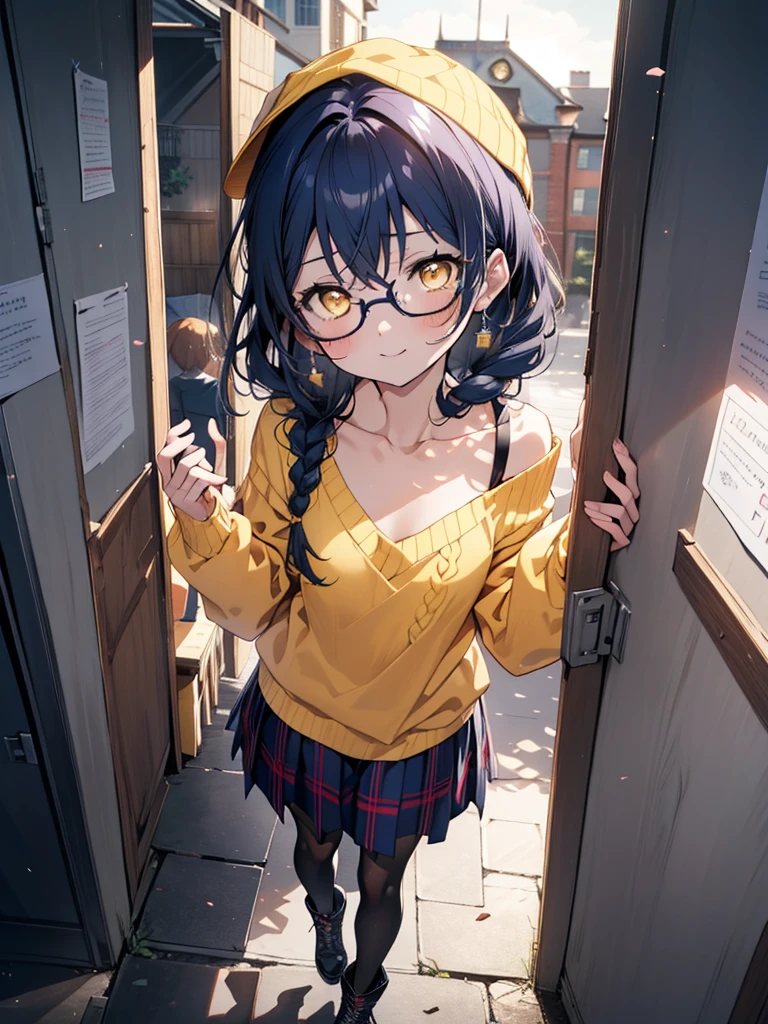 you like it, Umi Sonoda, Long Hair, Blue Hair, (Yellow Eyes:1.5) (Flat Chest:1.2),Blue one-shoulder sweater,Long skirt,Black pantyhose,short boots,Baseball hats,Black-rimmed glasses,Long braids,smile,Walking,morning,morning陽,The sun is rising,On the way to school,whole bodyがイラストに入るように,
break looking at viewer,whole body,
break outdoors, station,
break (masterpiece:1.2), Highest quality, High resolution, unity 8k wallpaper, (figure:0.8), (Beautiful attention to detail:1.6), Highly detailed face, Perfect lighting, Highly detailed CG, (Perfect hands, Perfect Anatomy),