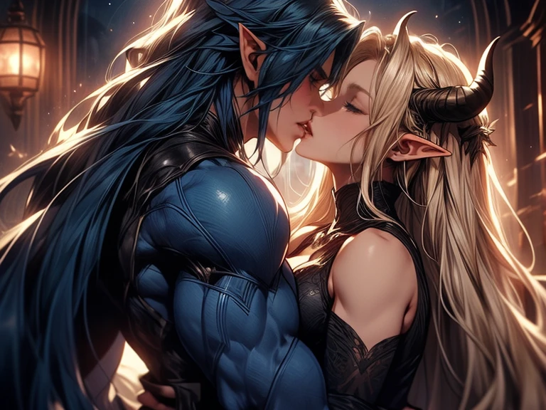 (female blonde elf and male dark blue haired elf) (male elf with big muscles and long dark blue hair) a tall long haired male elf with dark blue long hair and big muscles and demon horns kisses a female blonde elf, tongue kiss, lovers, intense kiss 