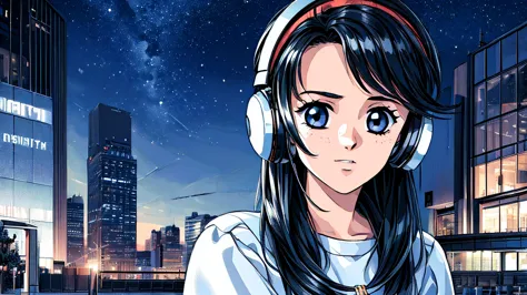 ((masterpiece)),(((highest quality))),((super detailed)) realistically, 1 girl, beautiful, wearing headphones, one person　 night...