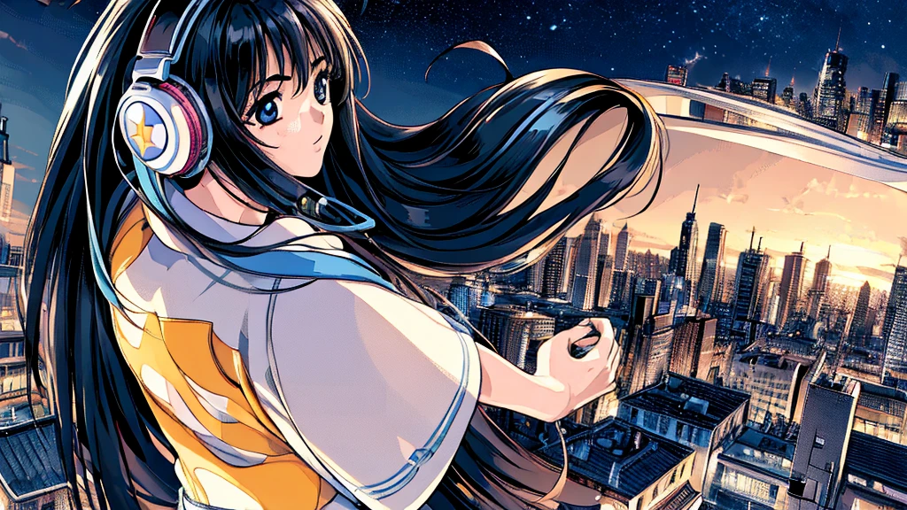 ((masterpiece)),(((Highest quality))),((Super detailed)) Realistically, 1 Girl, beautiful, Wearing headphones, One person　 night景を見てる, city, Starry Sky, building, night.　Long Black Hair　The wind is blowing