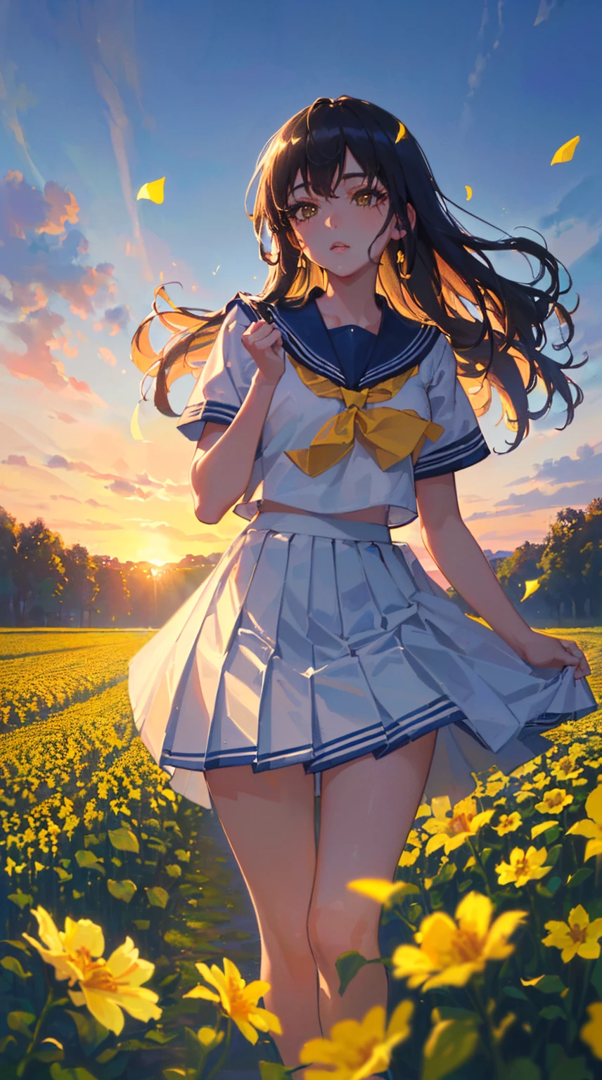 (((Highest quality, 4K, 8K high resolution, masterpiece:1.2), Very detailed, One person, woman, (ＪＫ, , Sailor suit, Pleated skirt),Rape flower field, One yellow wave, romantic, Magic Hour, A wonderful garden, Glowing petals, Contrast between the sky and the flower field, 詩的でromantic, Emphasis on individuality and uniqueness,Beautiful attention to detail, Beautiful lip detail, Long eyelashes, Bright colors, Soft and warm color palette,