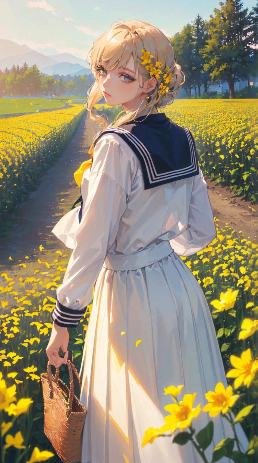 (((Highest quality, 4K, 8K high resolution, masterpiece:1.2), Very detailed, One person, woman, (ＪＫ, , Sailor suit, Pleated skirt),Rape flower field, One yellow wave, romantic, Magic Hour, A wonderful garden, Glowing petals, Contrast between the sky and the flower field, 詩的でromantic, Emphasis on individuality and uniqueness,Beautiful attention to detail, Beautiful lip detail, Long eyelashes, Bright colors, Soft and warm color palette,