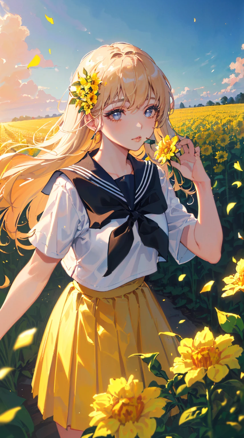 (((Highest quality, 4K, 8K high resolution, masterpiece:1.2), Very detailed, One person, woman, (ＪＫ, , Sailor suit, Pleated skirt),Rape flower field, One yellow wave, romantic, Magic Hour, A wonderful garden, Glowing petals, Contrast between the sky and the flower field, 詩的でromantic, Emphasis on individuality and uniqueness,Beautiful attention to detail, Beautiful lip detail, Long eyelashes, Bright colors, Soft and warm color palette,