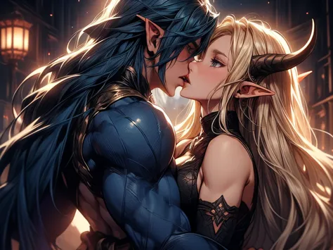 (female blonde elf and male dark blue haired elf) (male elf with big muscles and long dark blue hair) a tall long haired male el...