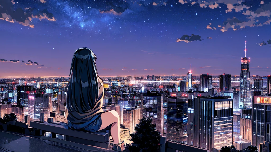 octans, sky, star (sky), scenery, starry sky, night, 1girl, night sky, solo, outdoors, building, cloud, sitting, tree, long hair, city, silhouette, cityscape,City from a distance, tokyo, city billboard, the sky,20 year old sexy girl　横が　From the roof of the building　Many buildings
