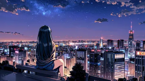 octans, sky, star (sky), scenery, starry sky, night, 1girl, night sky, solo, outdoors, building, cloud, sitting, tree, long hair...