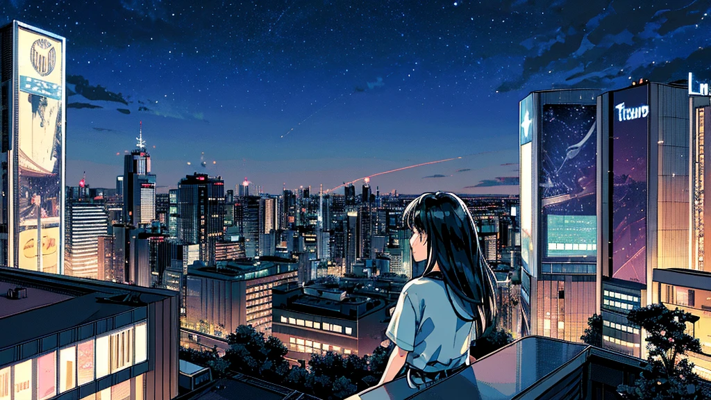 octans, sky, star (sky), scenery, starry sky, night, 1girl, night sky, solo, outdoors, building, cloud, sitting, tree, long hair, city, silhouette, cityscape,City from a distance, tokyo, city billboard, the sky,20 year old sexy girl　横が　From the roof of the building　Many buildings
