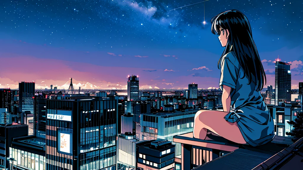 octans, sky, star (sky), scenery, starry sky, night, 1girl, night sky, solo, outdoors, building, cloud, sitting, tree, long hair, city, silhouette, cityscape,City from a distance, tokyo, city billboard, the sky,20 year old sexy girl　横が　From the roof of the building　Many buildings
