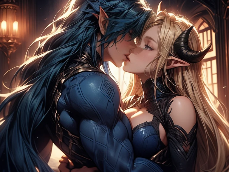 (female blonde elf and male dark blue haired elf) (male elf with big muscles and long dark blue hair) a tall long haired male elf with dark blue long hair and big muscles and demon horns kisses a female blonde elf, tongue kiss, lovers, intense kiss 