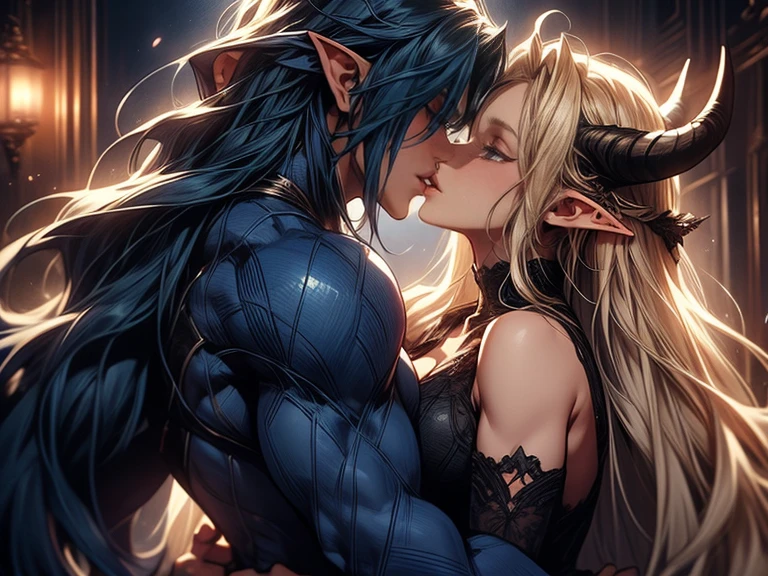 (female blonde elf and male dark blue haired elf) (male elf with big muscles and long dark blue hair) a tall long haired male elf with dark blue long hair and big muscles and demon horns kisses a female blonde elf, tongue kiss, lovers, intense kiss 