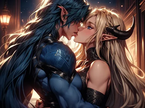 (female blonde elf and male dark blue haired elf) (male elf with big muscles and long dark blue hair) a tall long haired male el...