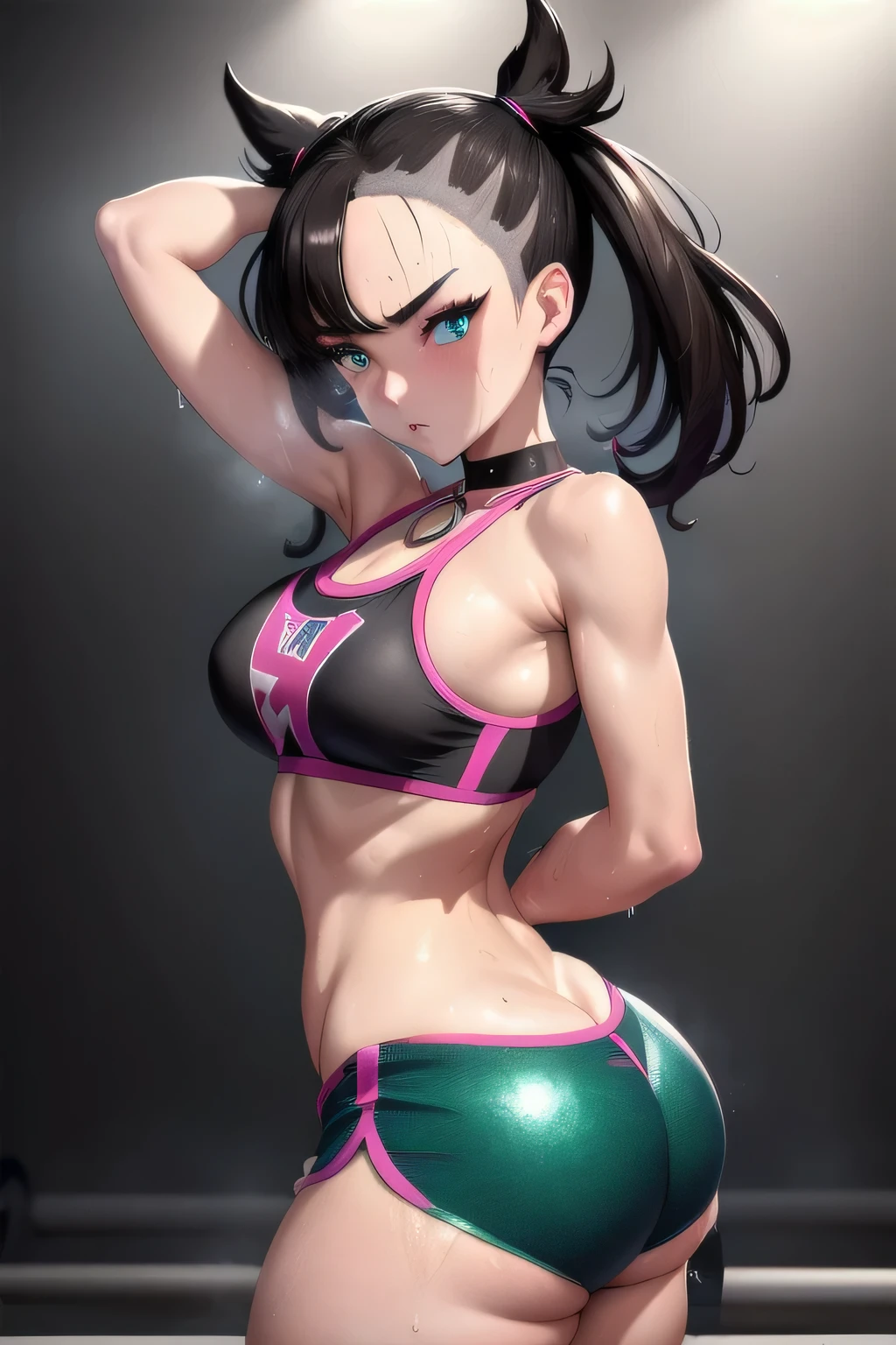 masterpiece, best quality, highres, hmmarnie, sparkling aqua eyes, choker, hair ribbon, model like looks, idol grace, sports bra, tight shorts, trunks, cowboy shot, standing, gazing at viewer, sweaty, sweat drip, gym setting, gymnasium, blush, huge breasts, gymnastics, round buttocks, bubbly ass