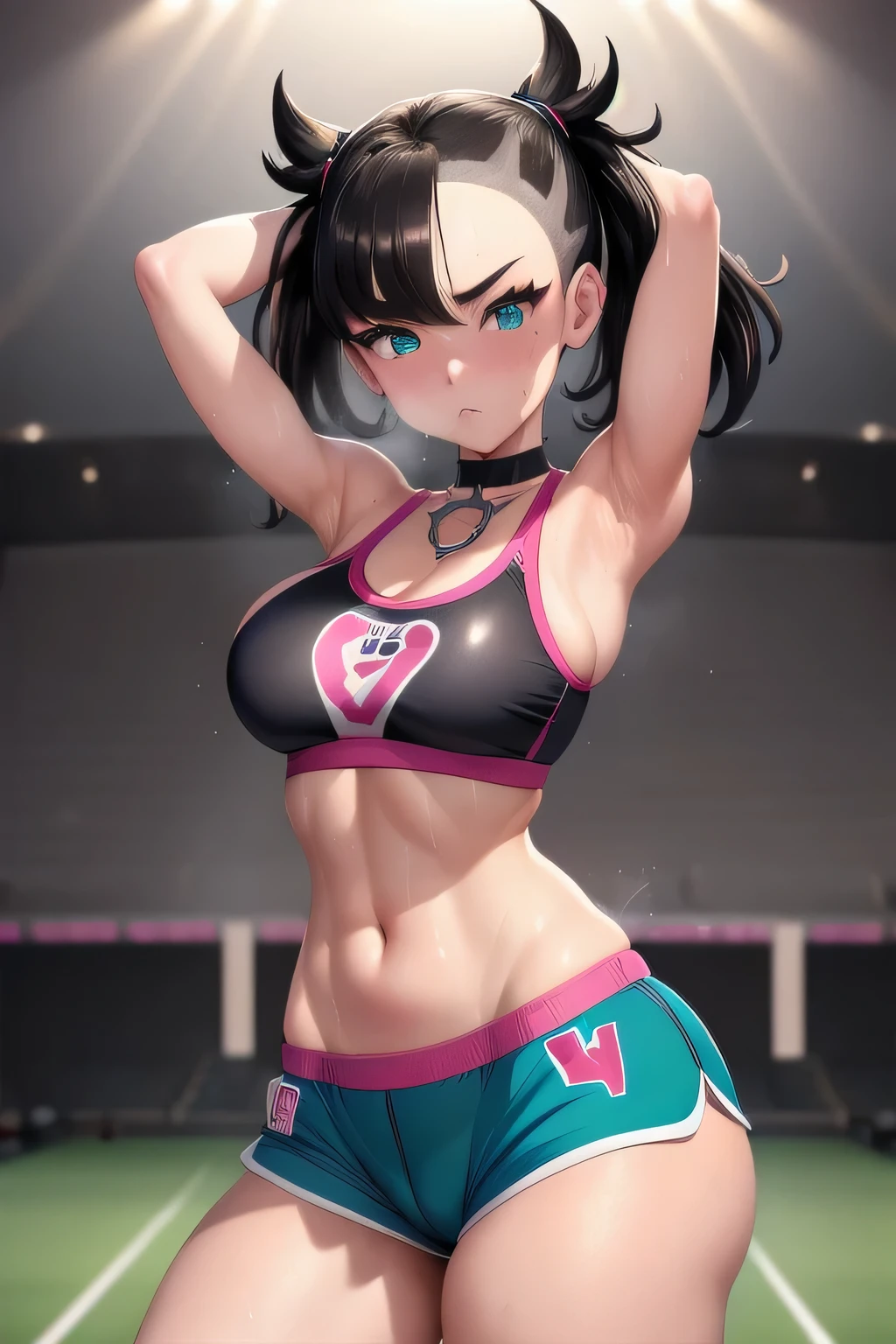 masterpiece, best quality, highres, hmmarnie, sparkling aqua eyes, choker, hair ribbon, model like looks, idol grace, sports bra, tight shorts, trunks, cowboy shot, standing, gazing at viewer, sweaty, sweat drip, gym setting, gymnasium, blush, huge breasts, gymnastics, round buttocks, bubbly ass