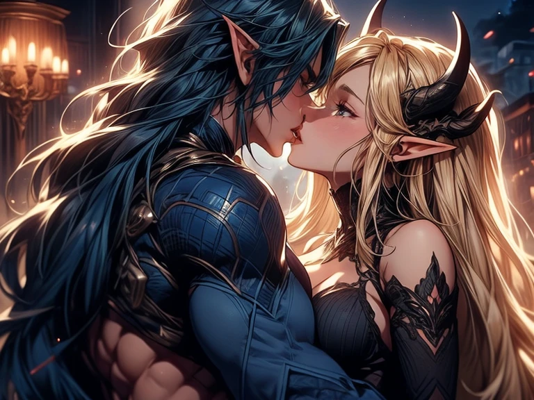 (female blonde elf and male dark blue haired elf) (male elf with big muscles and long dark blue hair) a tall long haired male elf with dark blue long hair and big muscles and demon horns kisses a female blonde elf, tongue kiss, lovers, intense kiss 