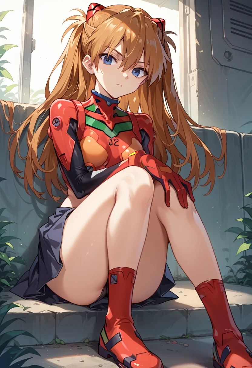 1girl, souryuu asuka langley, neon genesis evangelion,long hair,master piece,ultra high res,spuating,spread knee,looking viewer,black skirt,from front