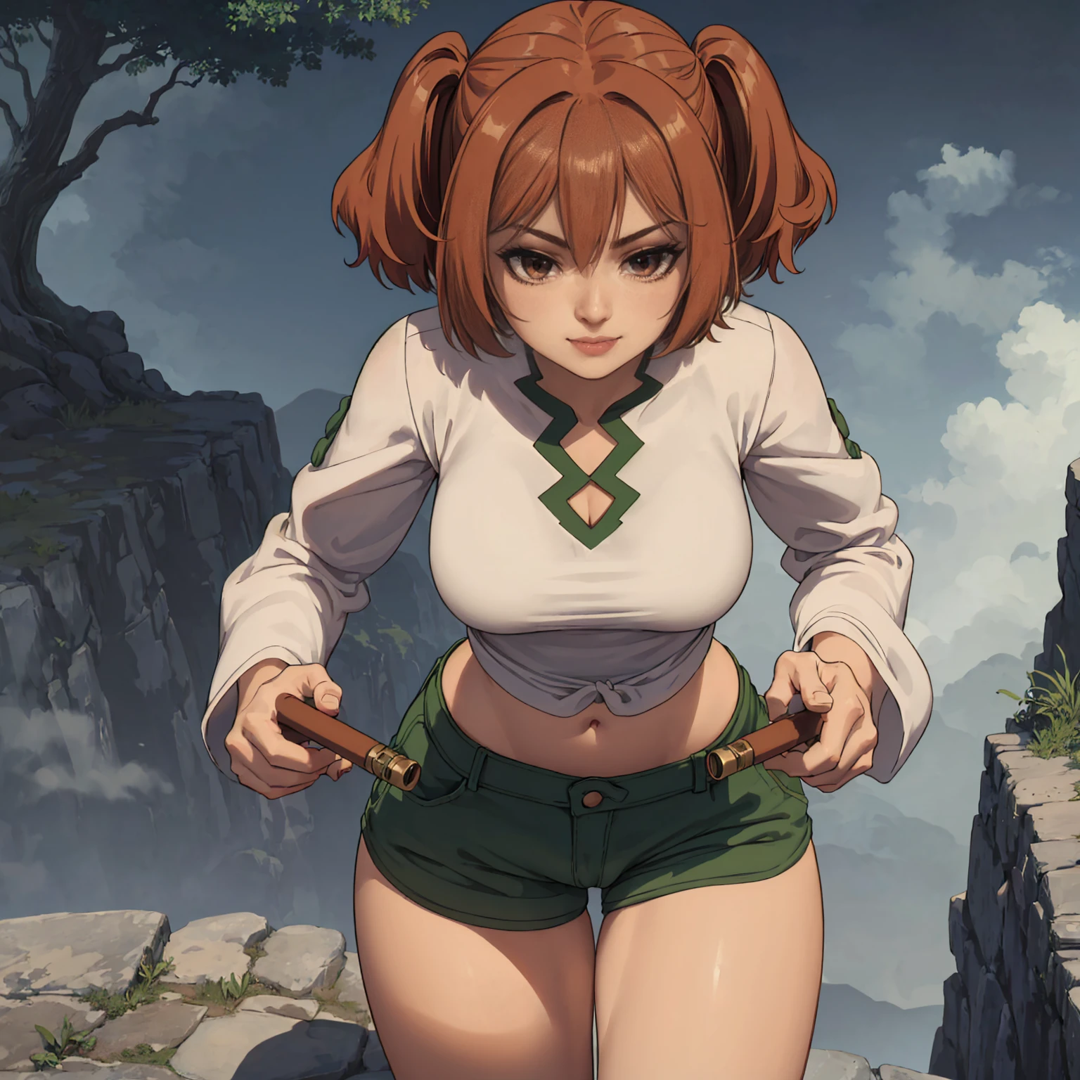 (((solo,1woman, mature, alone))), kanne, ((short hair, brown hair, twintails, glowing brown eyes, wide eyes, lipstick, makeup, narrow waist, skinny, medium breasts)), pelvic curtain, ((green shorts, white shirt)), full body, perfect body, (insanely detailed, beautiful detailed face, masterpiece, best quality), (extremely detailed 8k paper CG wall unit: 1.1), (saigyou_ayakashi, bare_tree, cloudy sky, cloud, fog, dusk), (smile face for the viewer), cameltoe view, cameltoe, View from above, Diagonal view