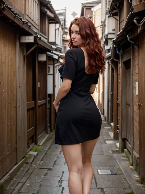 young woman with wavy dark red hair, short black dress, walking down an alley in Japan, rear facing camera, details Intricate, h...