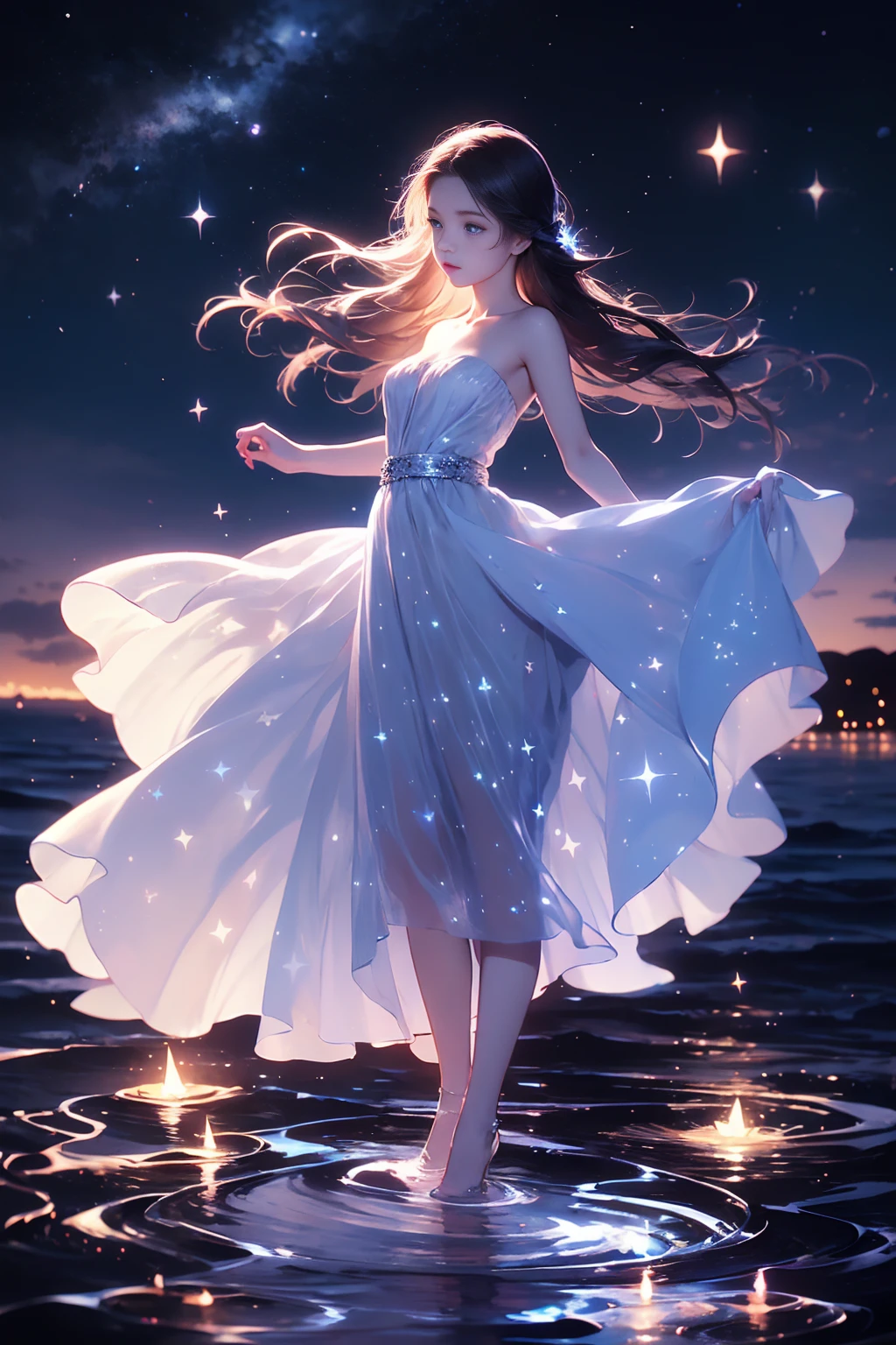 xcdd, 1girl, solo, dress, wading, star \(symbol\), long hair, skirt hold, water, white dress, bare shoulders, sky, night, glowing, blue eyes, standing, profile, bare arms, sparkle, strapless, braid, star \(sky\), strapless dress, from side, outdoors, night sky, looking away 