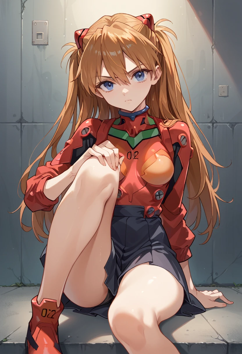 1girl, souryuu asuka langley, neon genesis evangelion,long hair,master piece,ultra high res,squating,spread knee,looking viewer,black skirt,from front