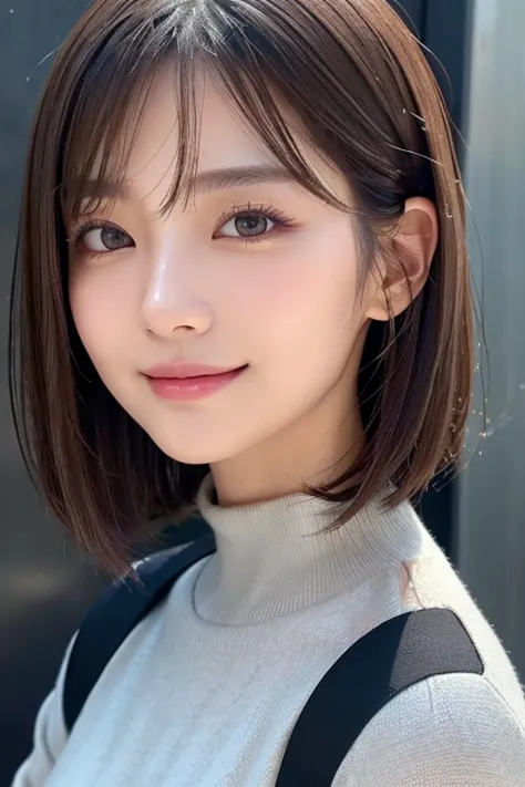 (((close-up of face)))、(((absolutely shoulder-length brown straight short bob)))、(((she is posing like a hair salon model, with ...